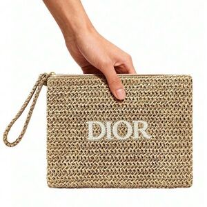 New ~ Dior Beige Woven Straw Cosmetic Bag/Wristlet